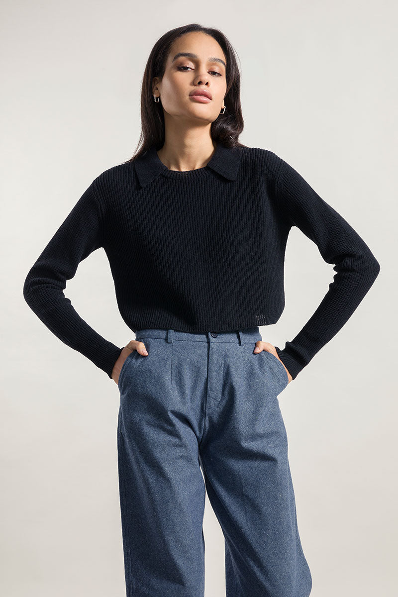 Pull col chemise en coton recyclé | noir "maglia olivia nero lavagna"