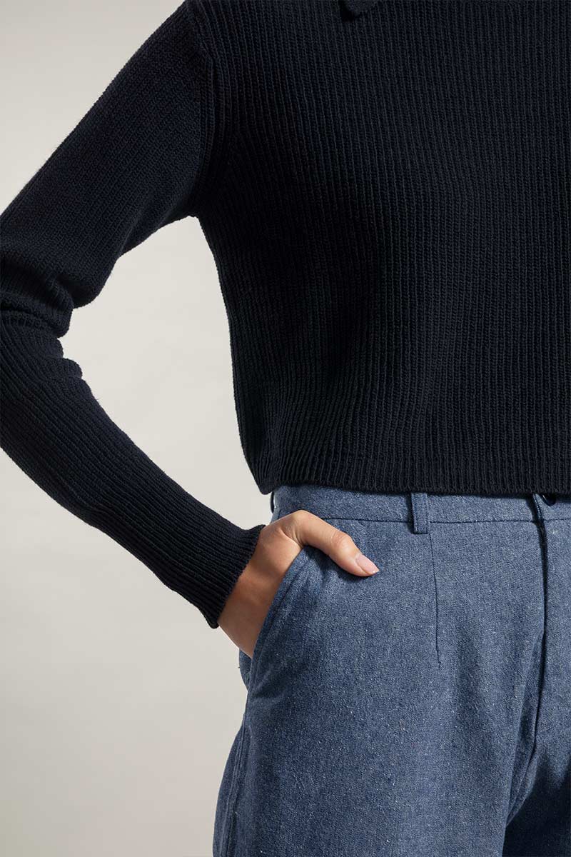 Pull col chemise en coton recyclé | noir "maglia olivia nero lavagna"