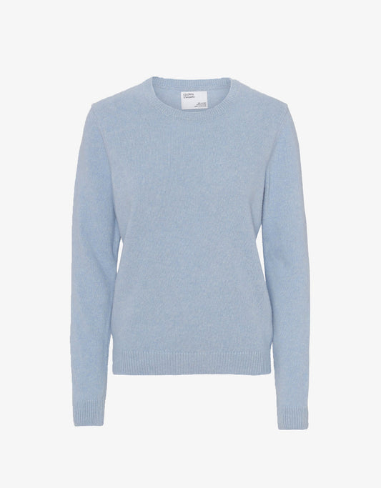 Pull col rond bleu ciel en laine mérinos recyclée - polar blue