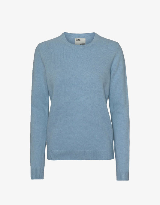 Pull col rond bleu clair en laine mérinos recyclée - stone blue
