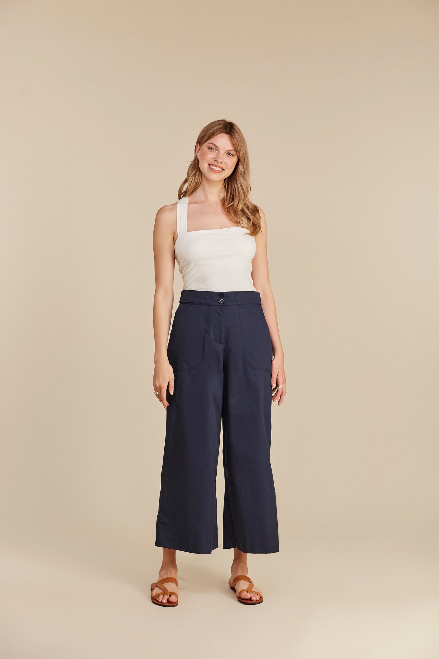 Pantalon ample 7/8 marine en coton bio - iva trousers navy