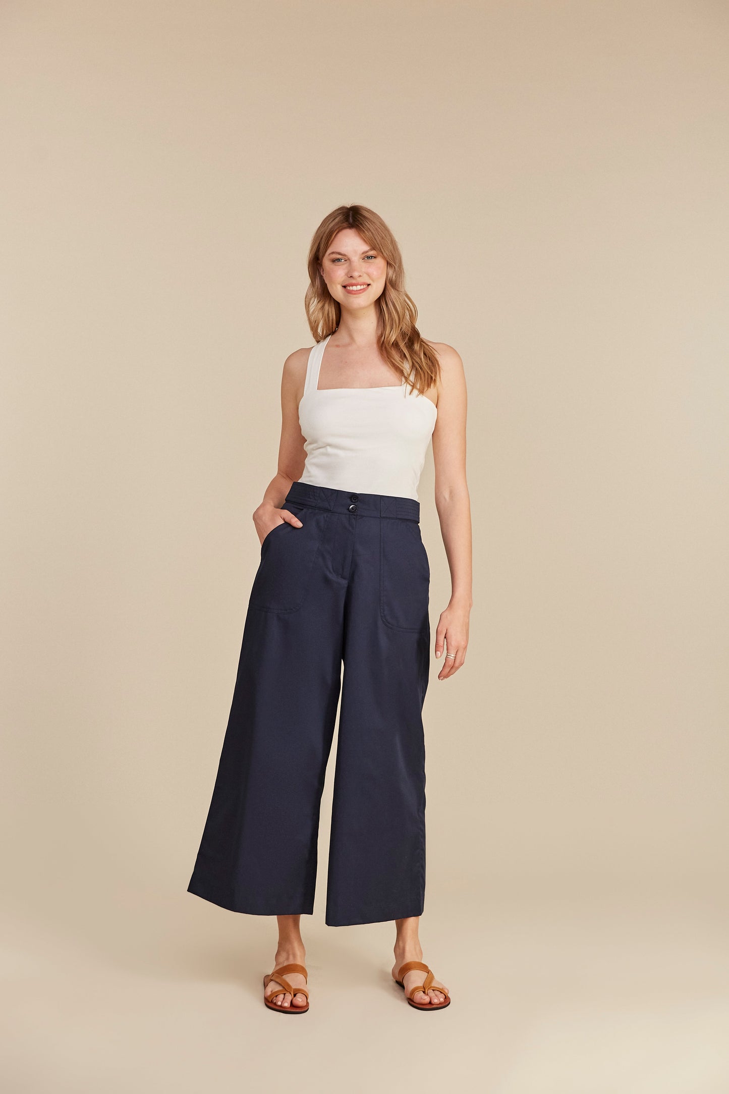 Pantalon ample 7/8 marine en coton bio - iva trousers navy