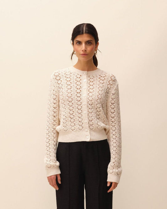 Cardigan en coton upcyclé | ecru "cardigan ajouré boutonné naya" | Ecru