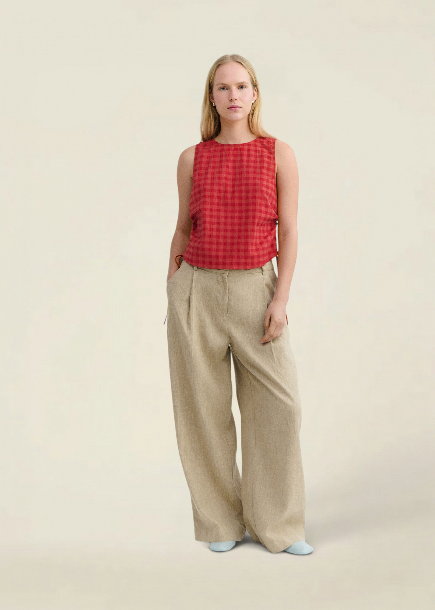 Top seersucker en coton bio | rouge "red checks seersucker florence top" | Red