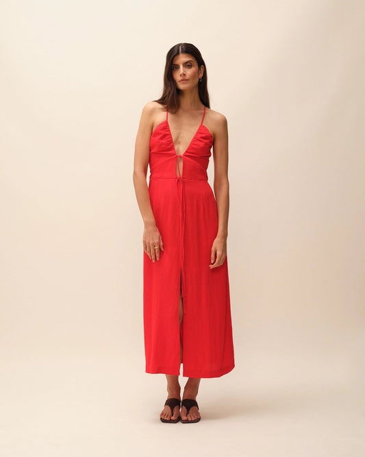 Robe en ecovero | rouge "robe longue à liens tania" | Rouge