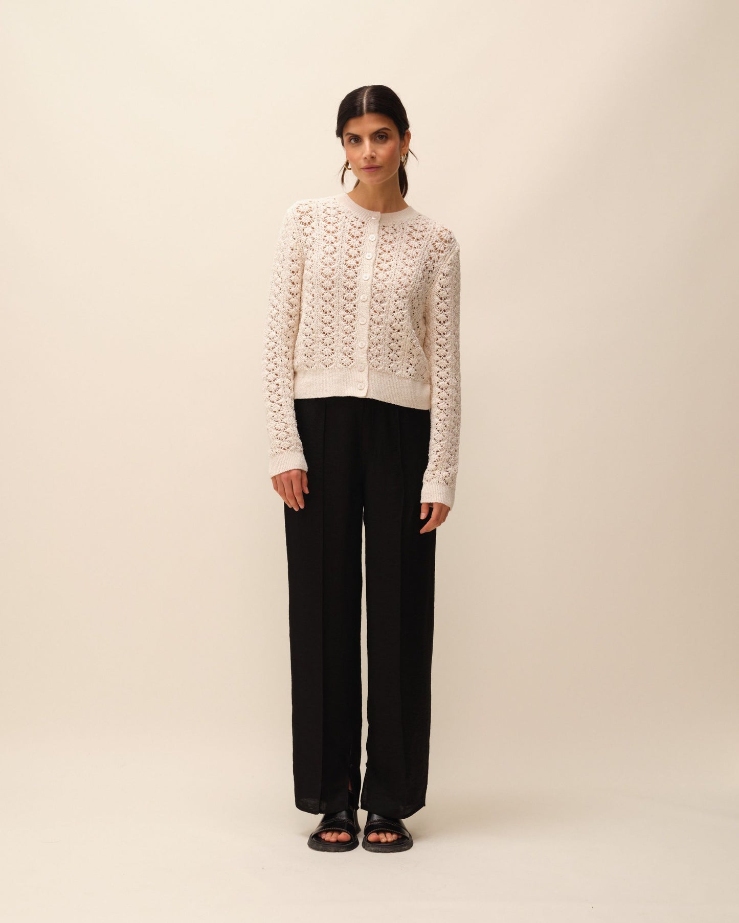 Cardigan en coton upcyclé | ecru "cardigan ajouré boutonné naya" | Ecru