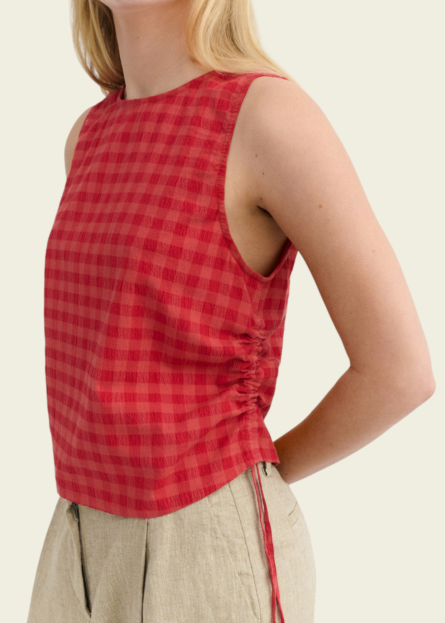 Top seersucker en coton bio | rouge "red checks seersucker florence top" | Red