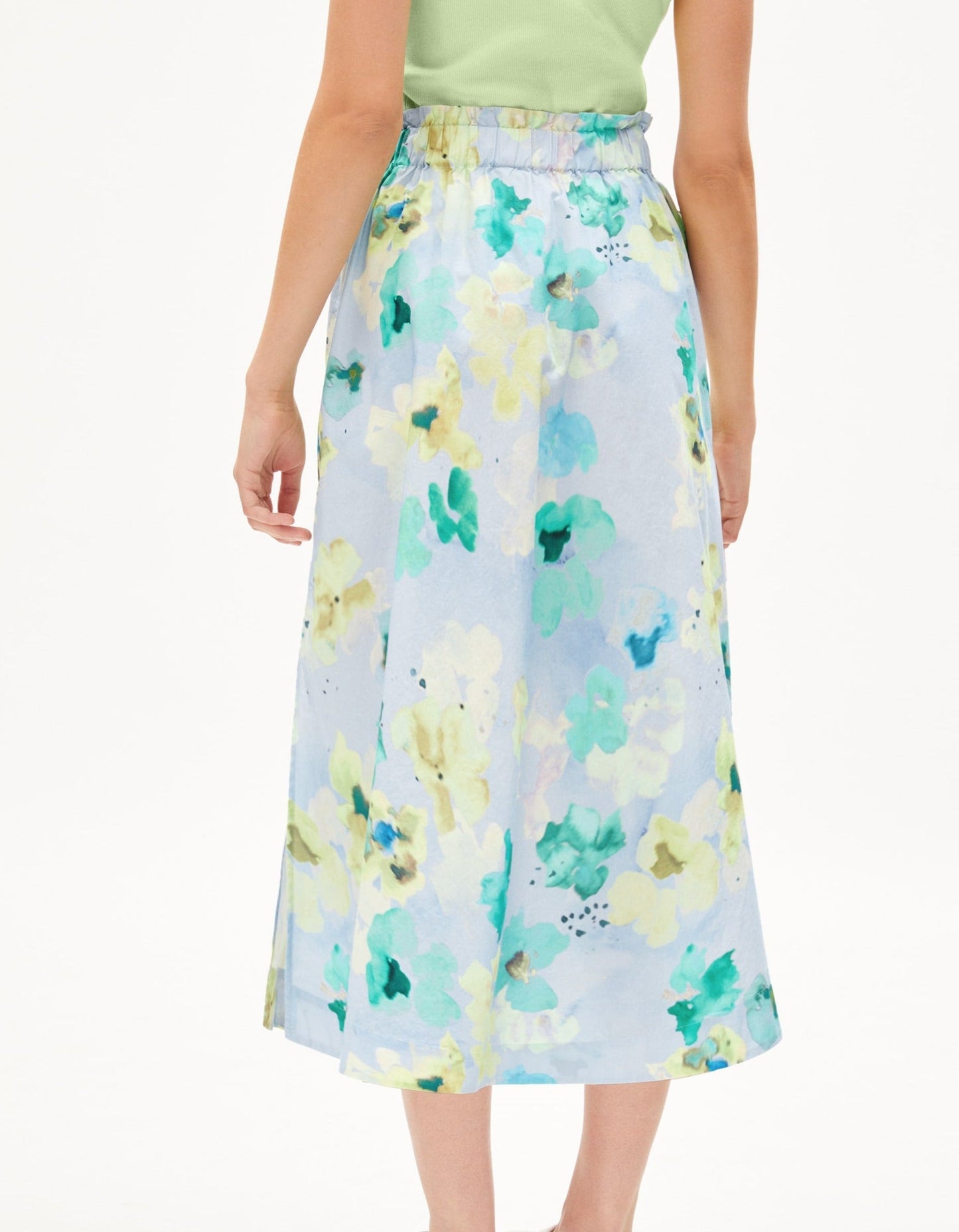 Jupe longue bleue ciel à motifs floraux en coton bio - aaimemi aqua floral morning sky