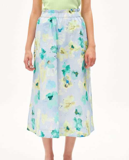 Jupe longue bleue ciel à motifs floraux en coton bio - aaimemi aqua floral morning sky