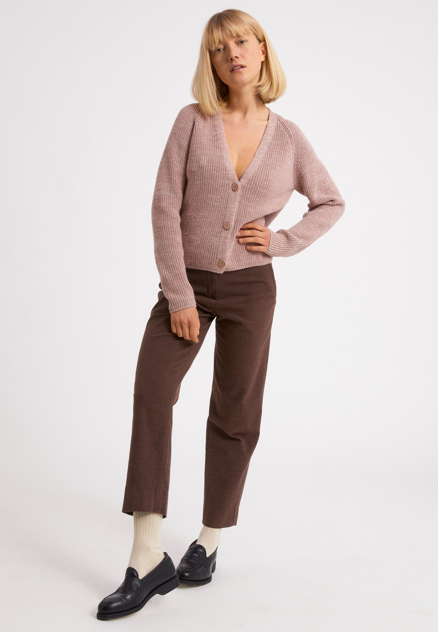 Gilet rose clair en coton bio - ADRIAANE kinoko melange oatmilk