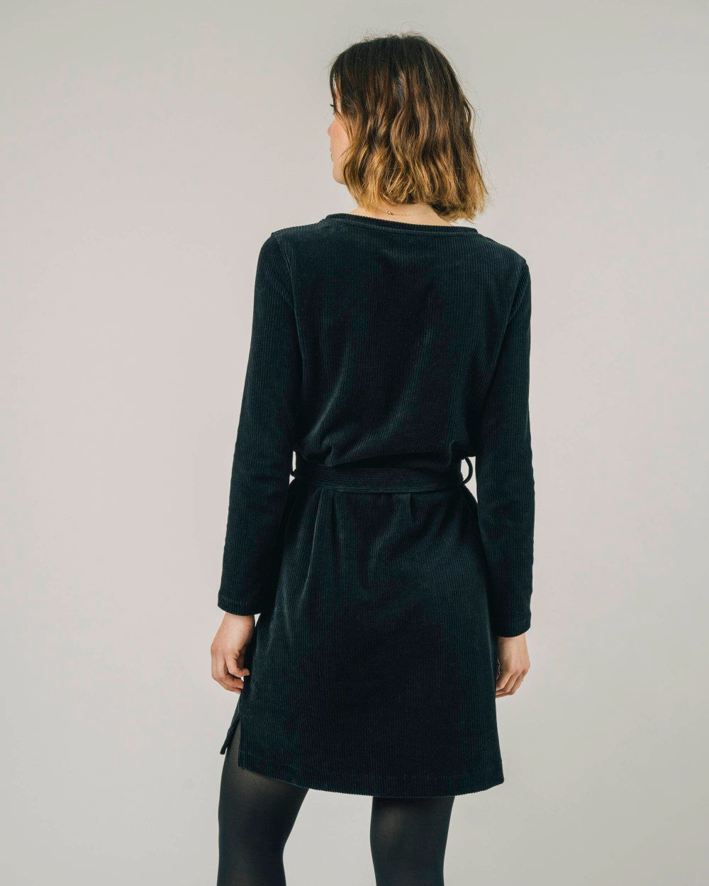 robe noire velours en coton bio - corduroy belted dress black