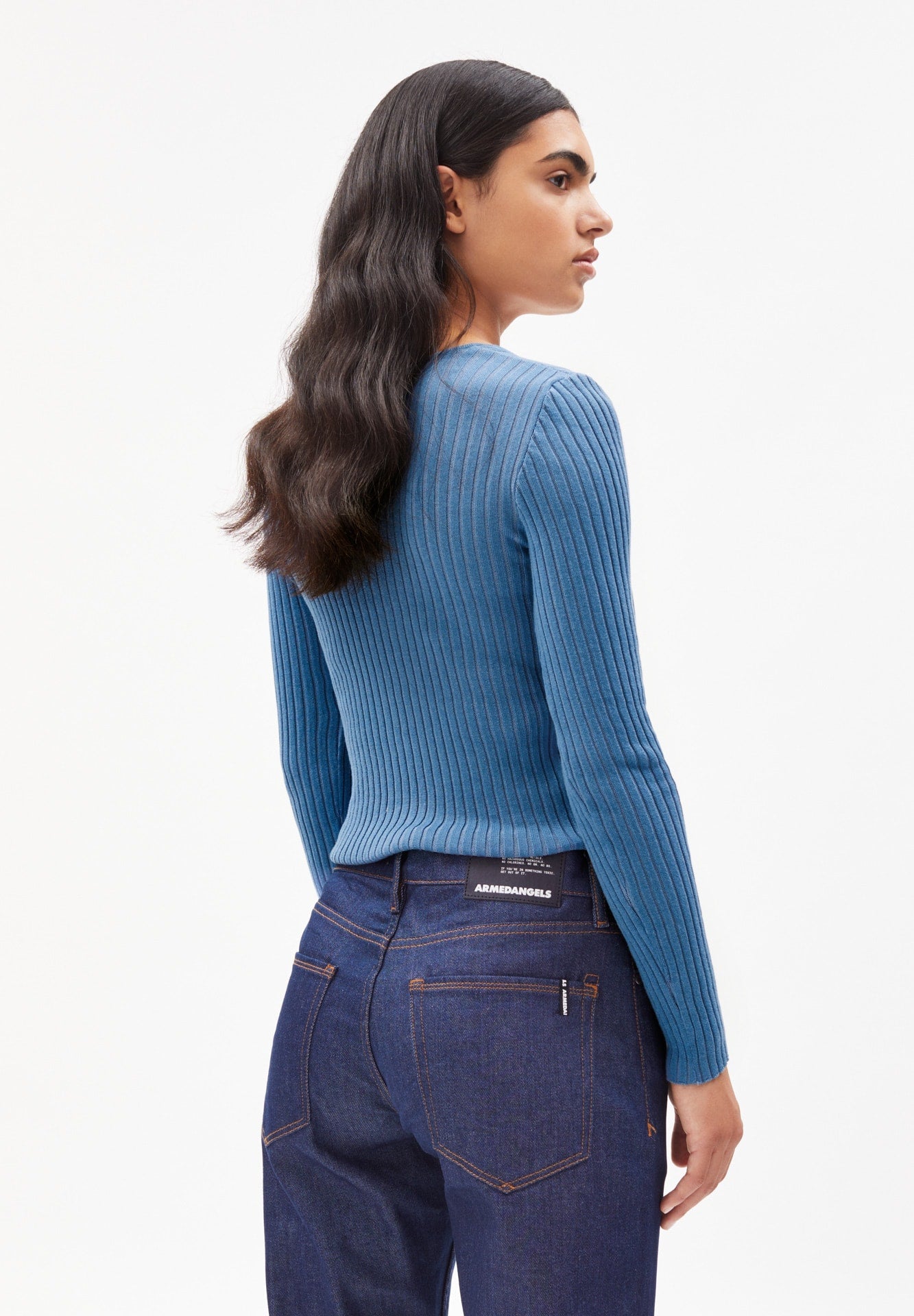Top manches longues côtelé bleu en coton bio - alaania crewneck cloudbusting