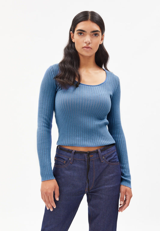 Top manches longues côtelé bleu en coton bio - alaania crewneck cloudbusting