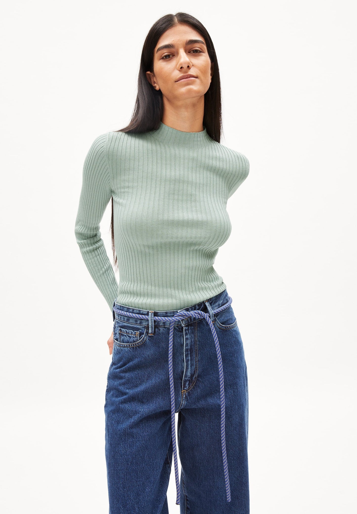 Sous-pull côtelé vert menthe en coton bio - alaani lint