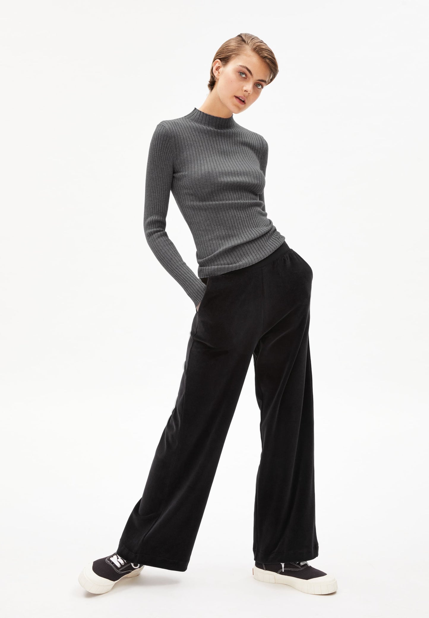 Sous-pull côtelé gris en coton bio - ALAANI mid grey melange