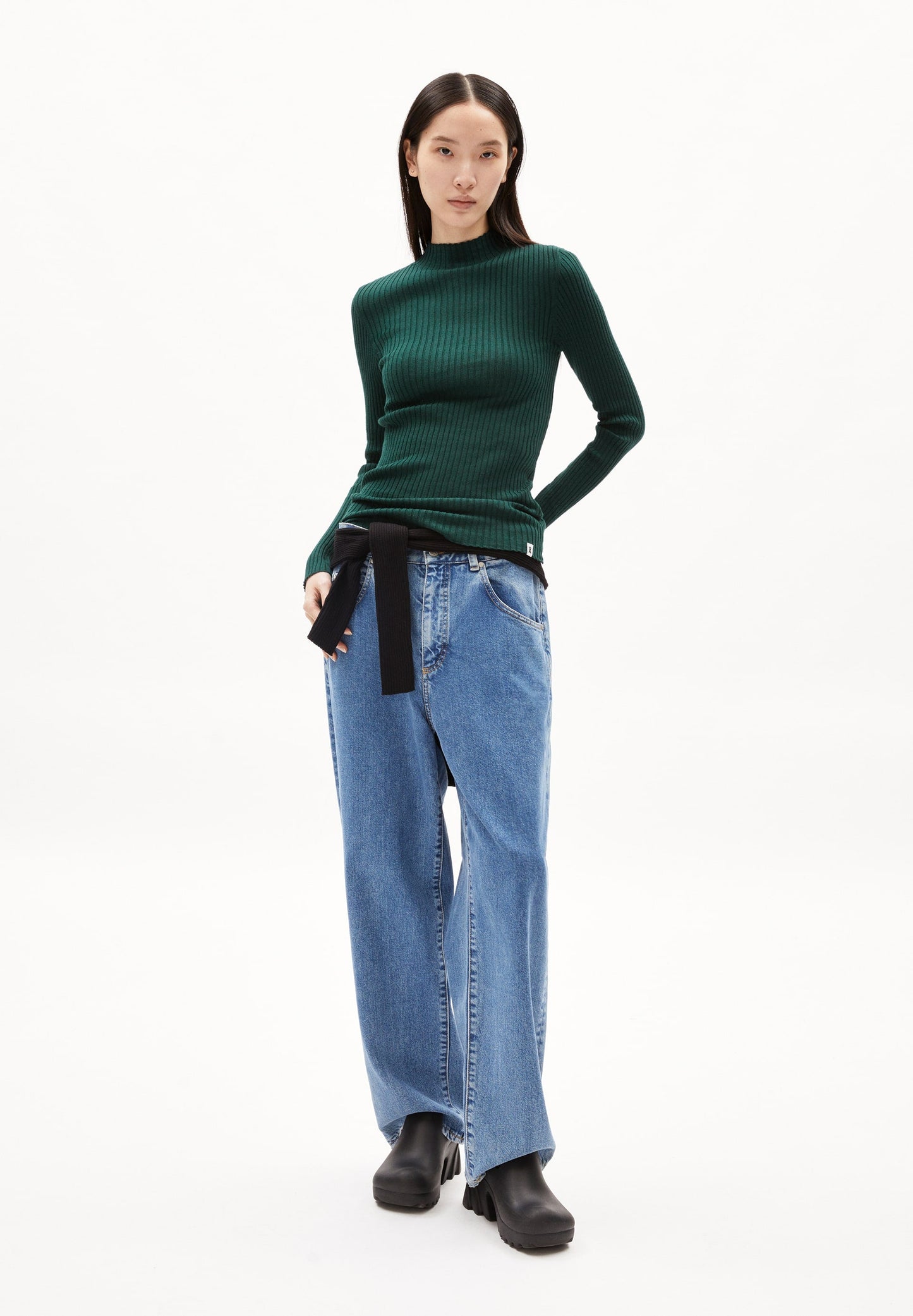Pull côtelé col montant en coton bio | vert "alaania - teal stone"
