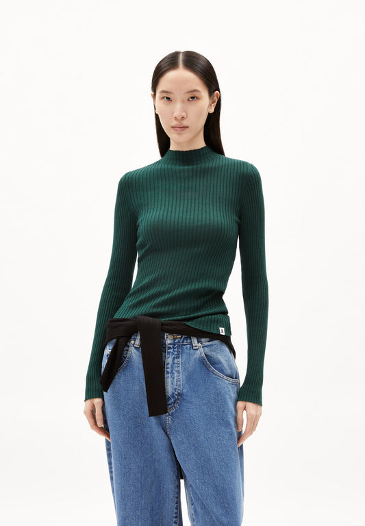 Pull côtelé col montant en coton bio | vert "alaania - teal stone"