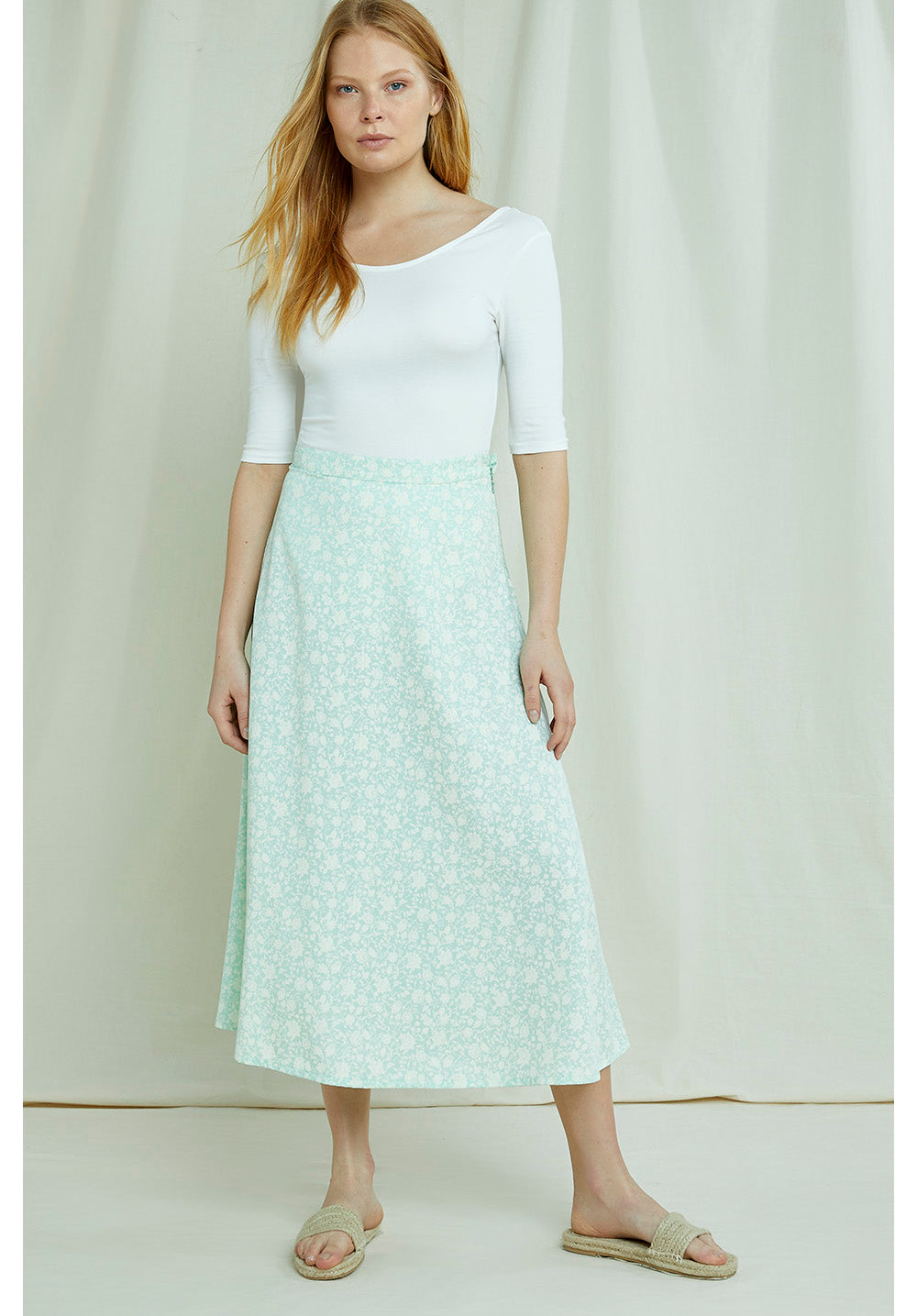 Jupe midi verte à imprimés blancs en tencel - Alison
