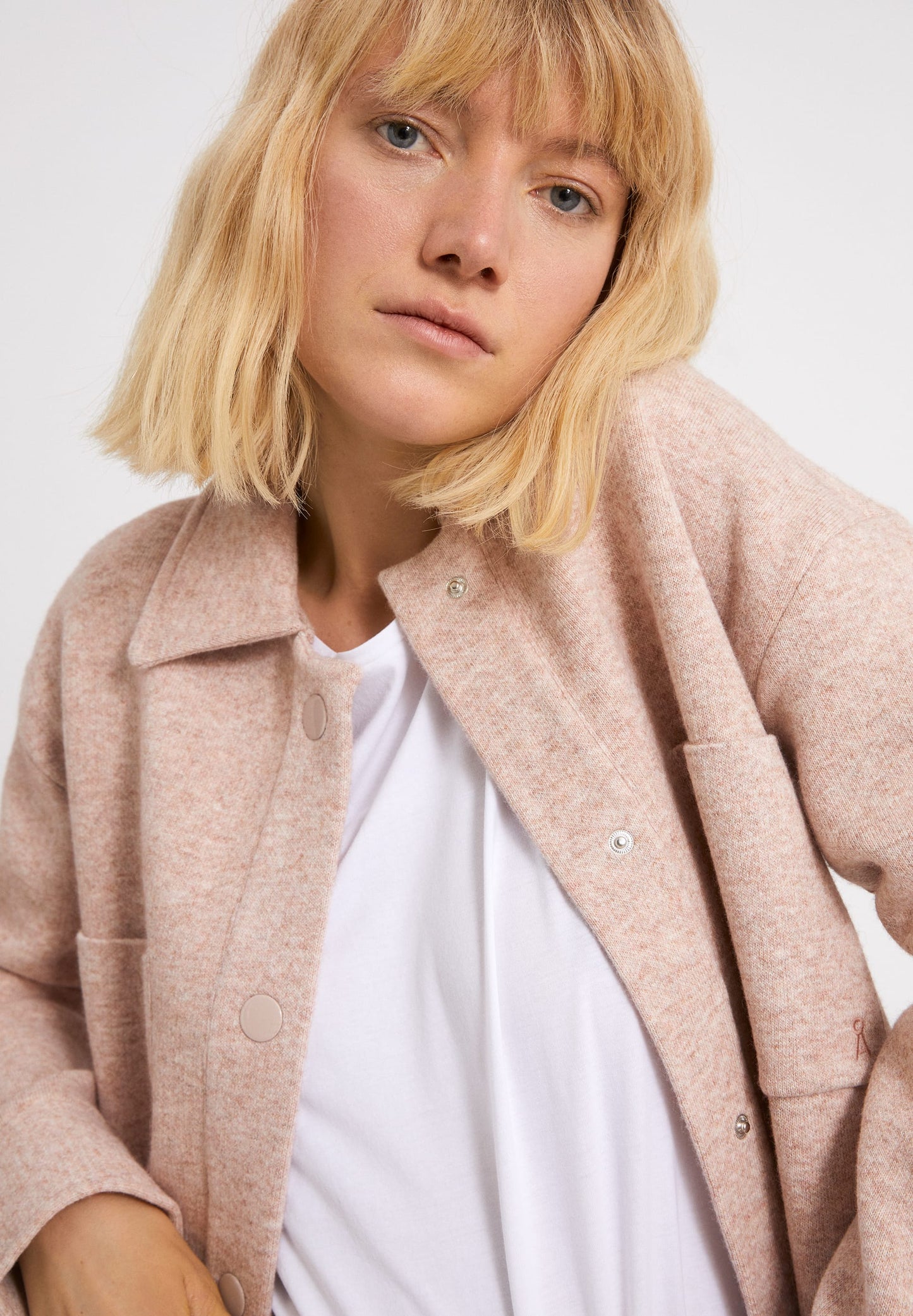 Veste molletonnée rose en coton et laine bio - almaraa kinoko melange-oatmilk