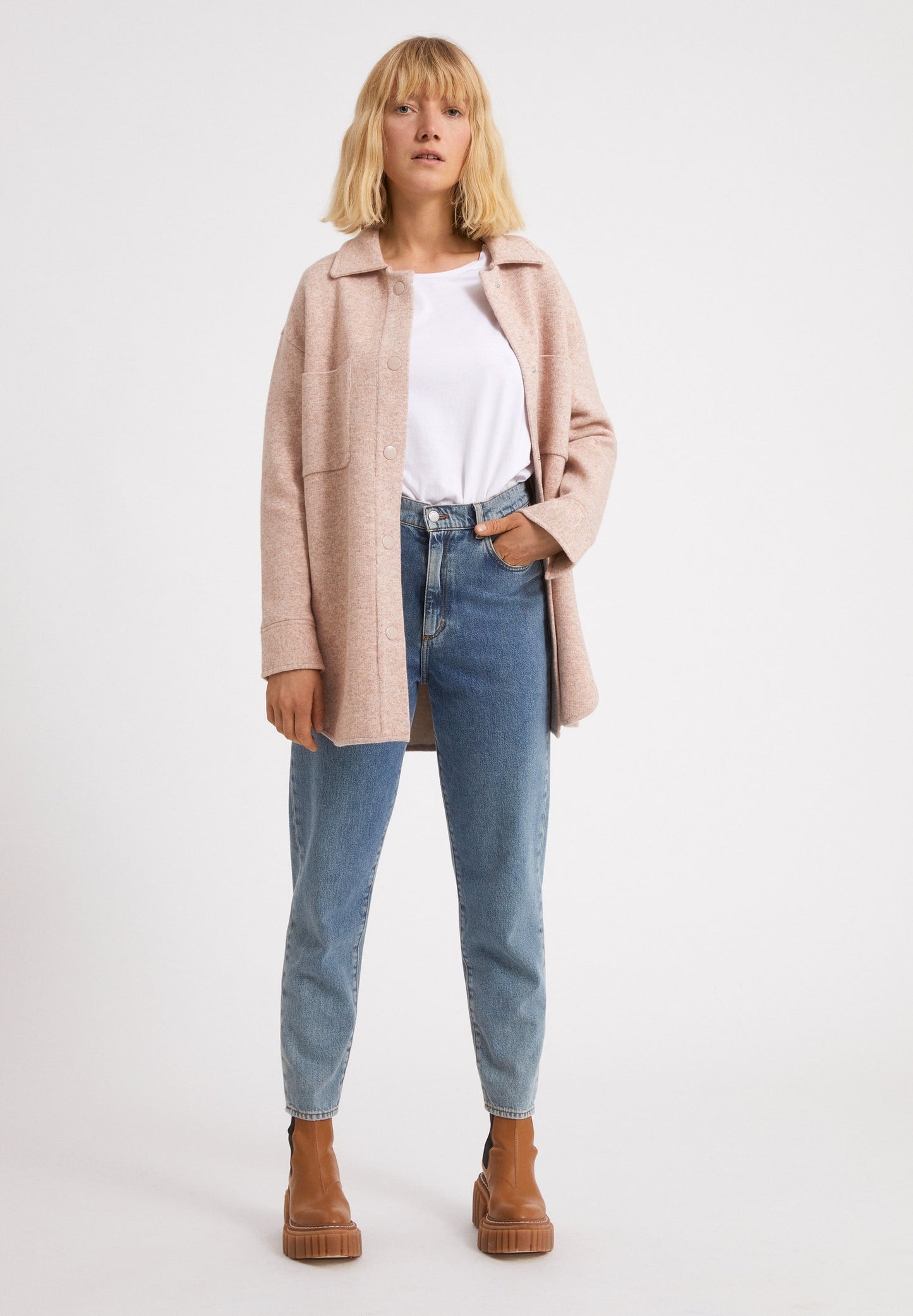 Veste molletonnée rose en coton et laine bio - almaraa kinoko melange-oatmilk