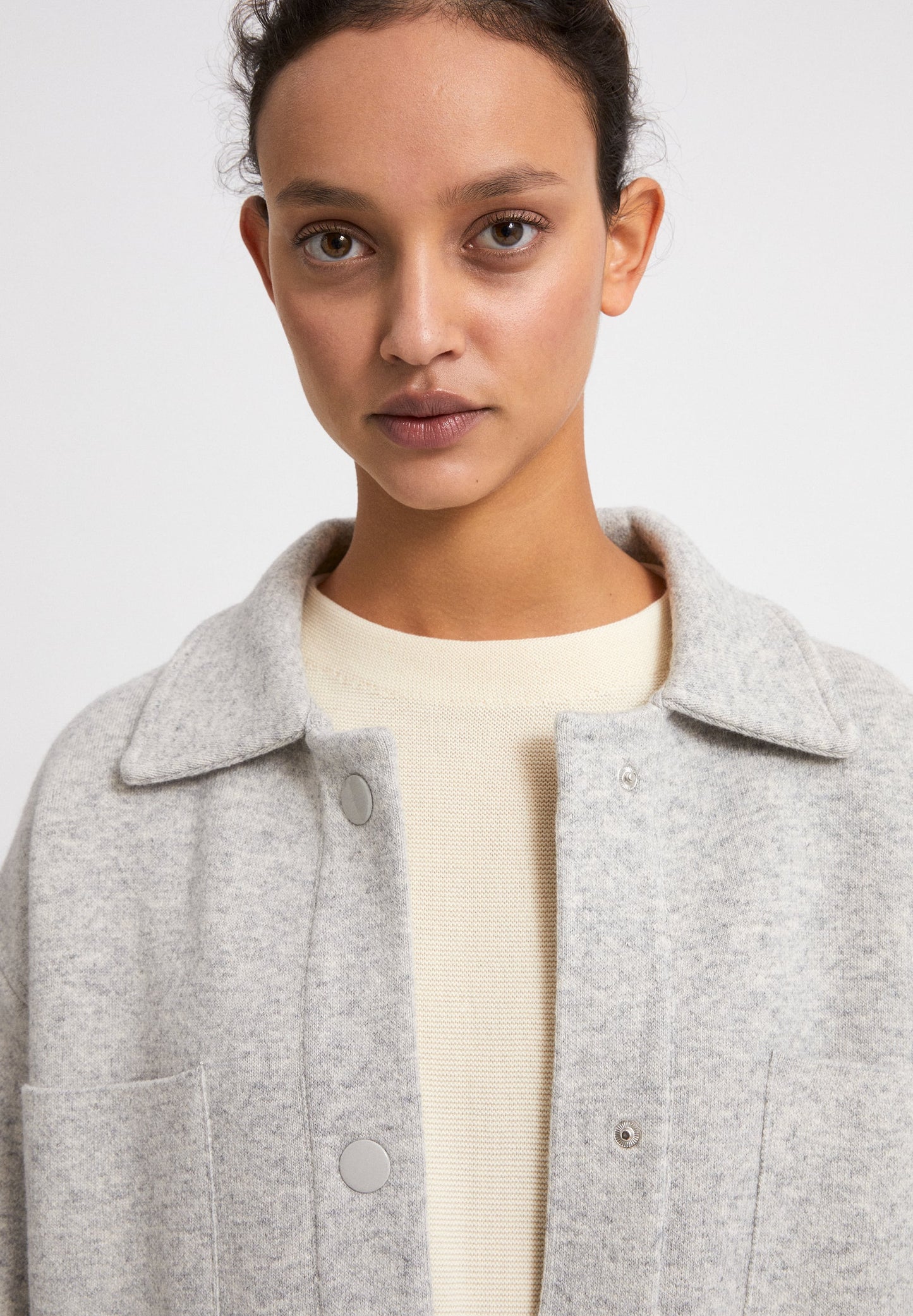 Veste molletonnée grise en coton et laine bio - ALMARAA light grey melange oatmilk