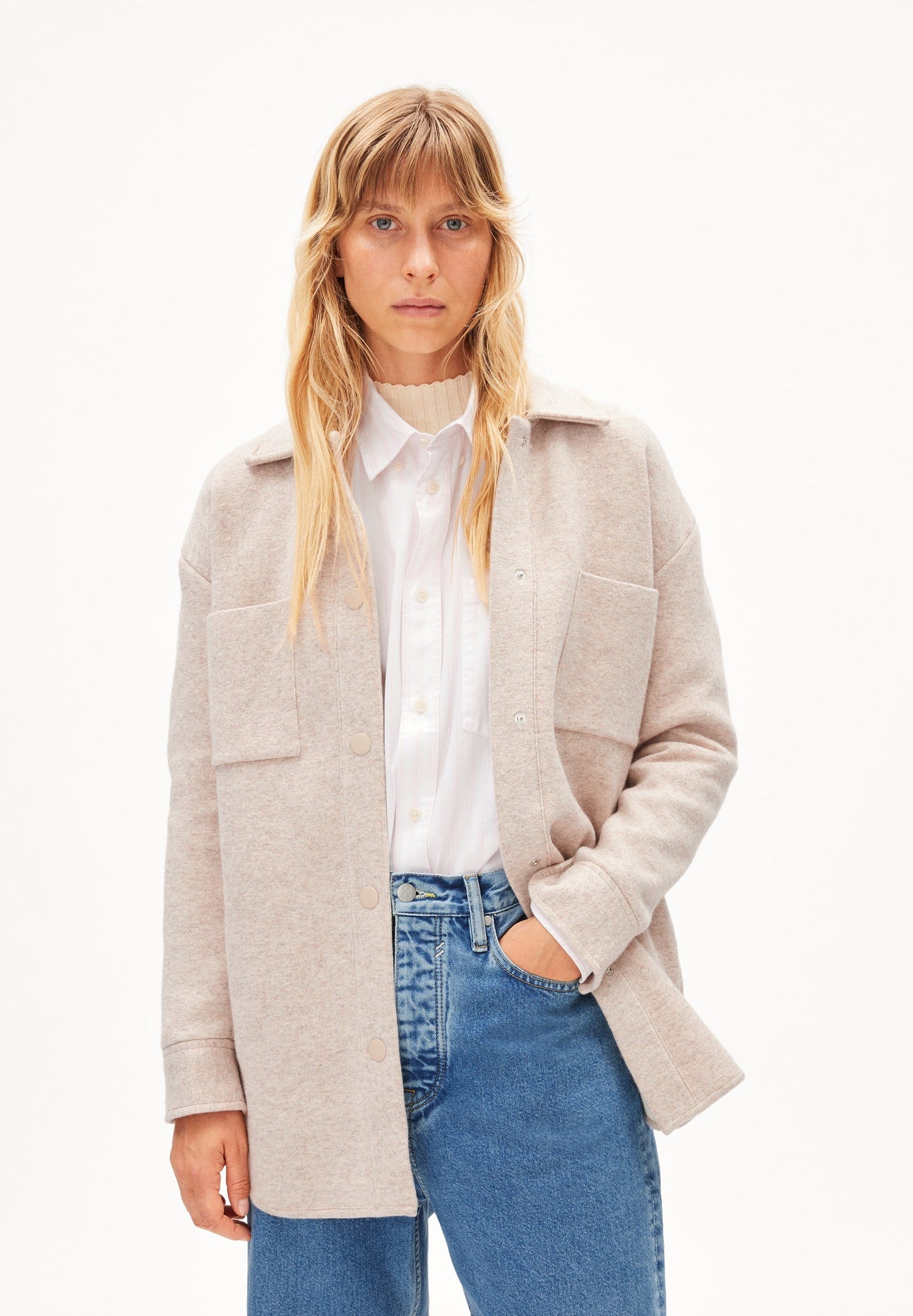 Veste molletonnée beige en coton et laine bio - almaraa light caramel melange-oatmilk