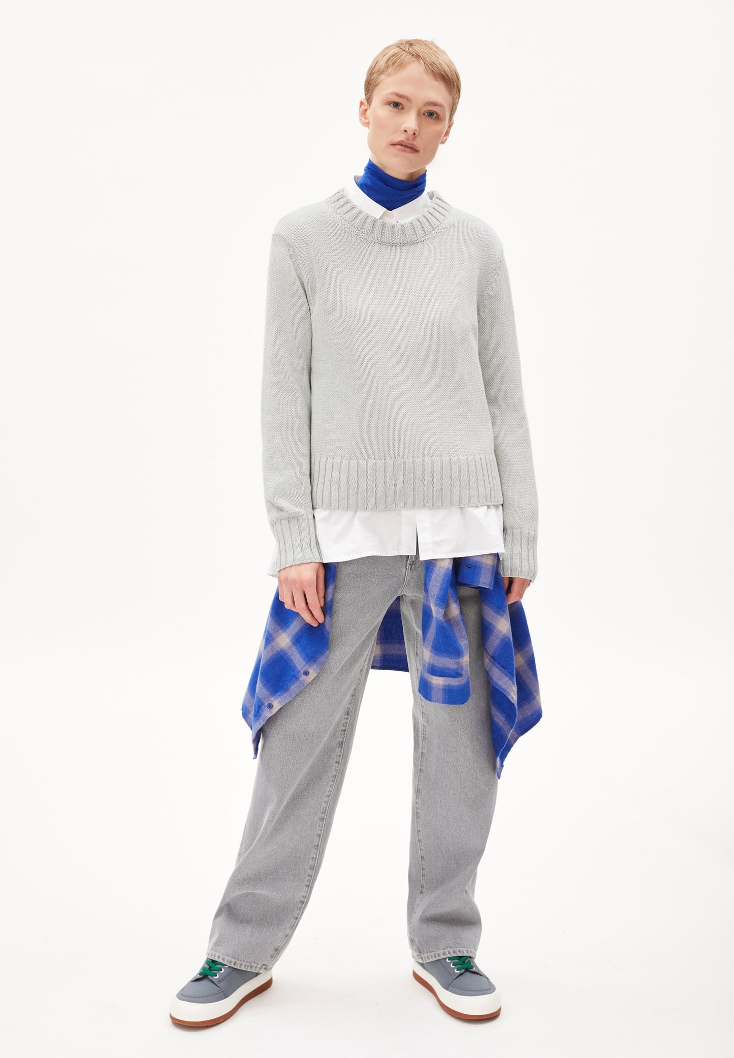 Pull gris clair maille en coton bio - amaliaa compact light grey melange