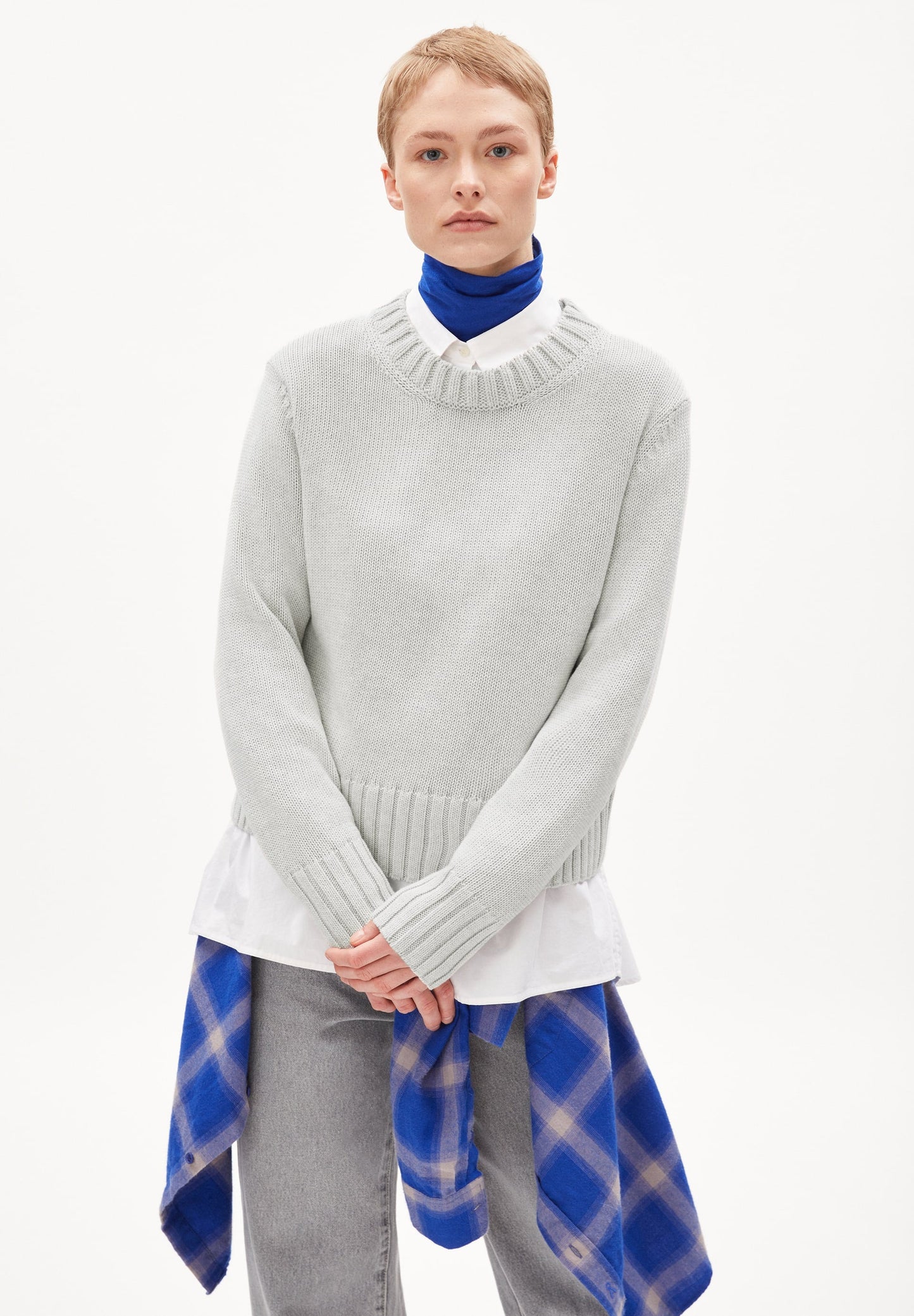 Pull gris clair maille en coton bio - amaliaa compact light grey melange