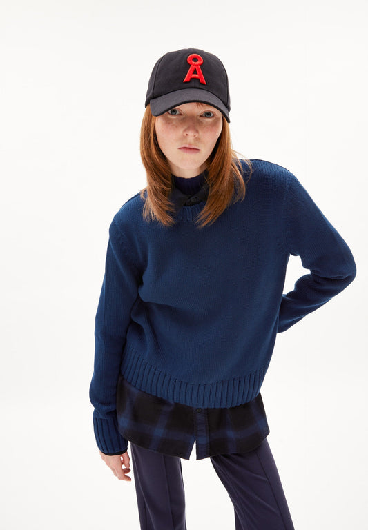 Pull col rond en coton bio | marine "amaliaas compact deep sea blue"