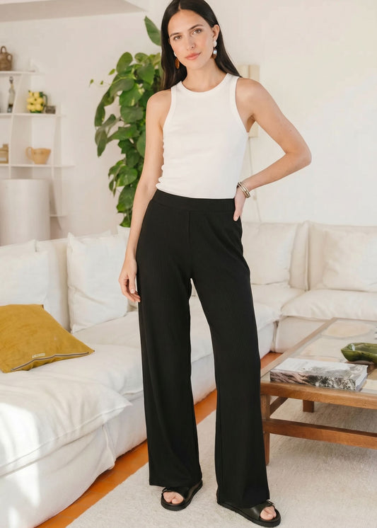 Pantalon fluide en Tencel côtelé taille élastiquée "Tania" | noir | Noir