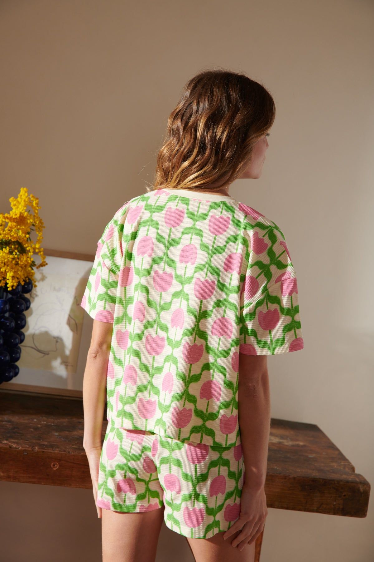 Pyjama gaufré coton bio | tulipes rose  | Rose