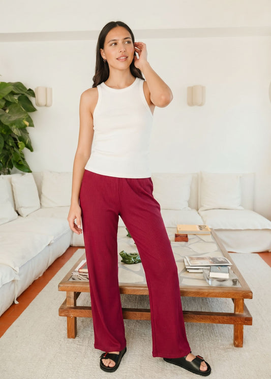 Pantalon fluide en Tencel côtelé taille élastiquée "Tania" | framboise | Framboise