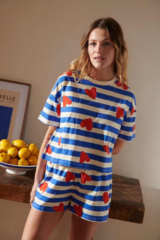 Pyjama en coton bio | marinière coeurs - bleu | Bleu