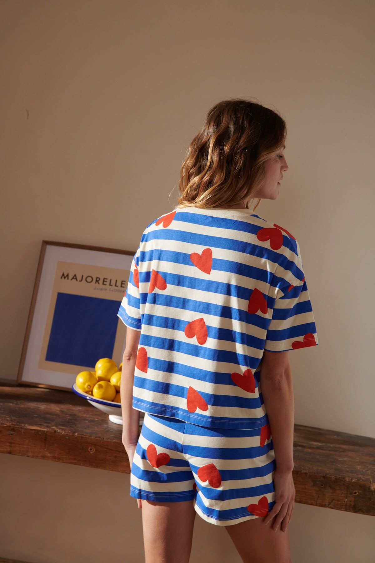 Pyjama en coton bio | marinière coeurs - bleu | Bleu