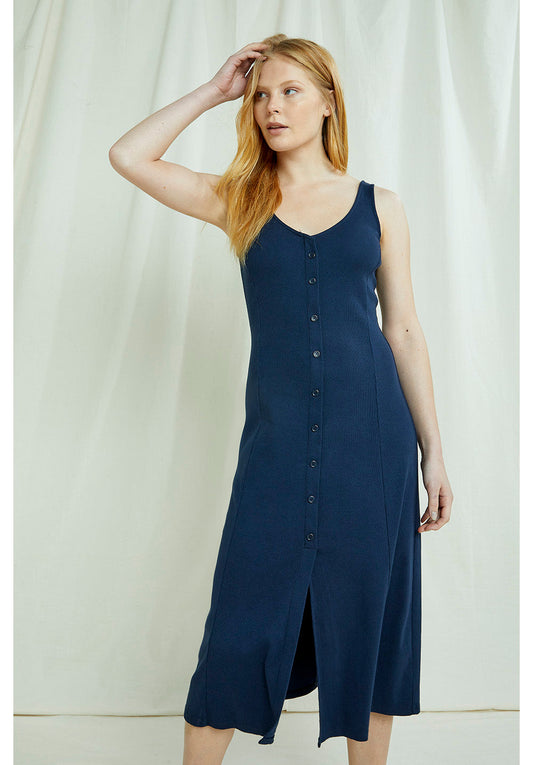 Robe mi-longue boutonnée marine en coton bio - Anya