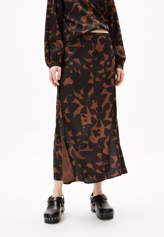 Jupe longue fendue en ecovero | Motifs "araace abstract a deep brown"