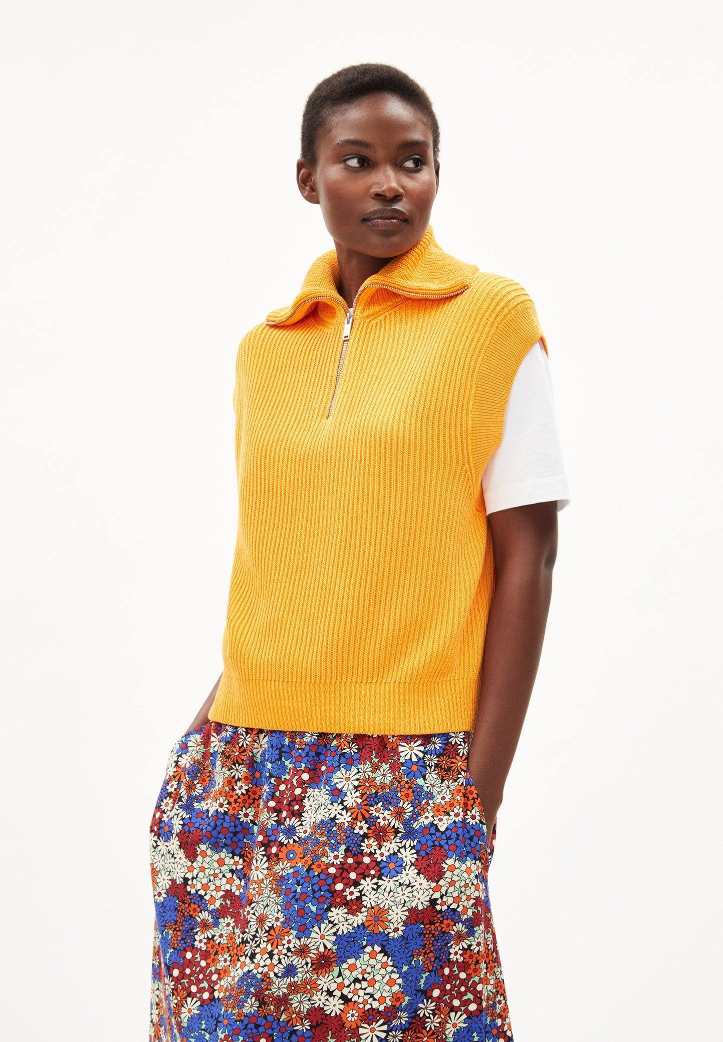 Pull col zippé sans manches orange en coton bio - aylaa  sunset