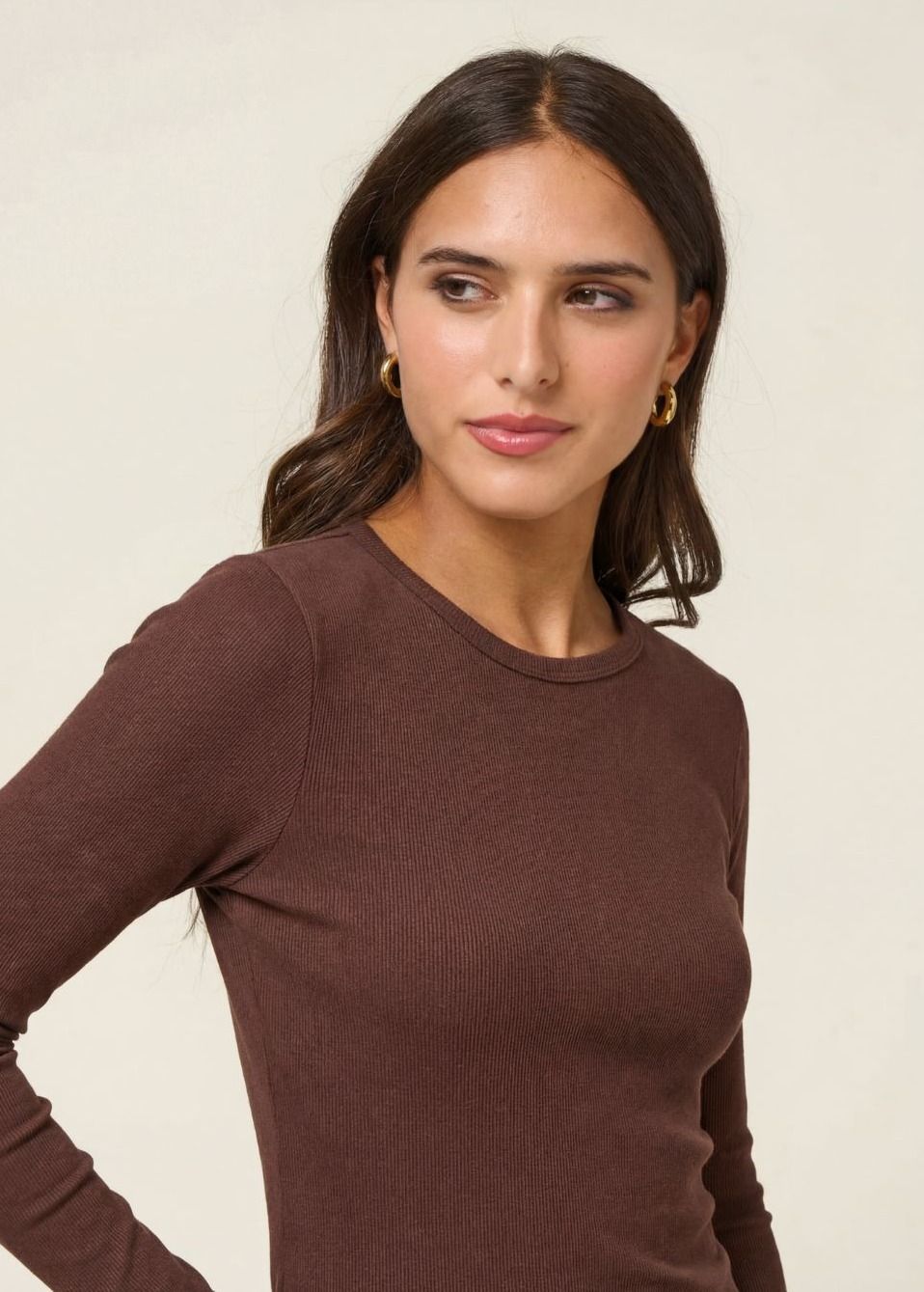 T-shirt manches longues côtelé en coton bio | chocolat | Chocolat