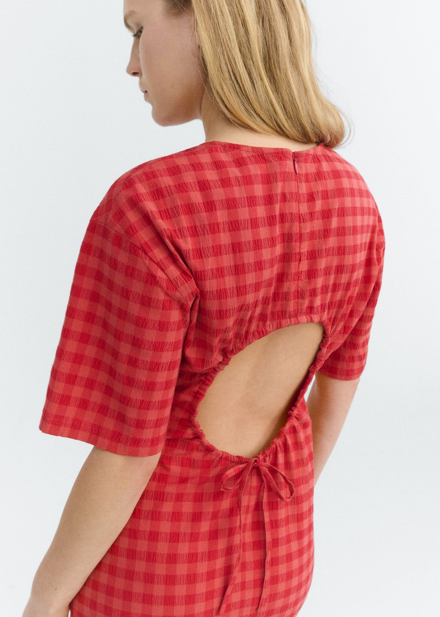 Robe en coton bio | rouge "red checks seersucker kina dress - red" - red | Red