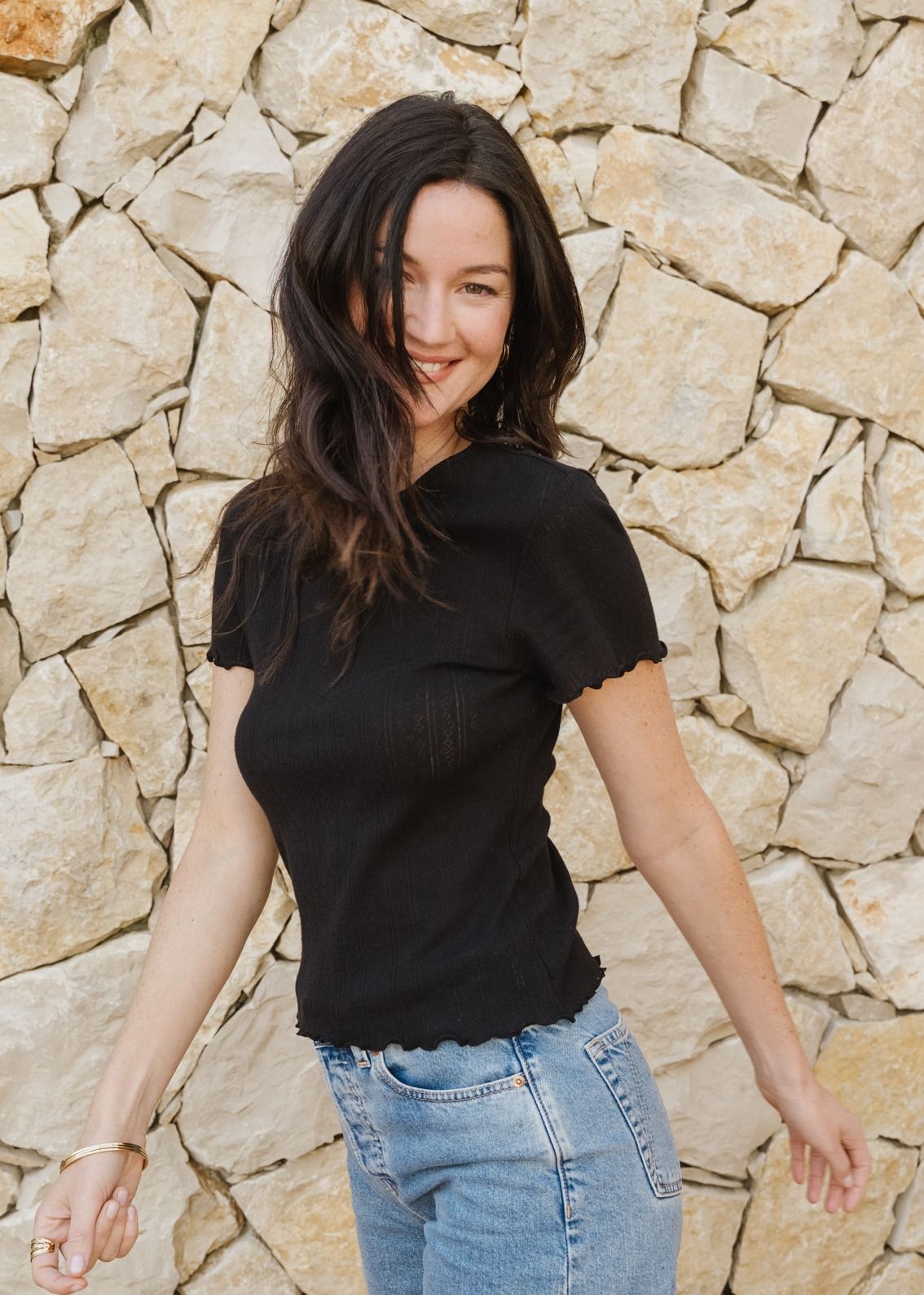 T-shirt pointelle upcyclé | noir | Noir