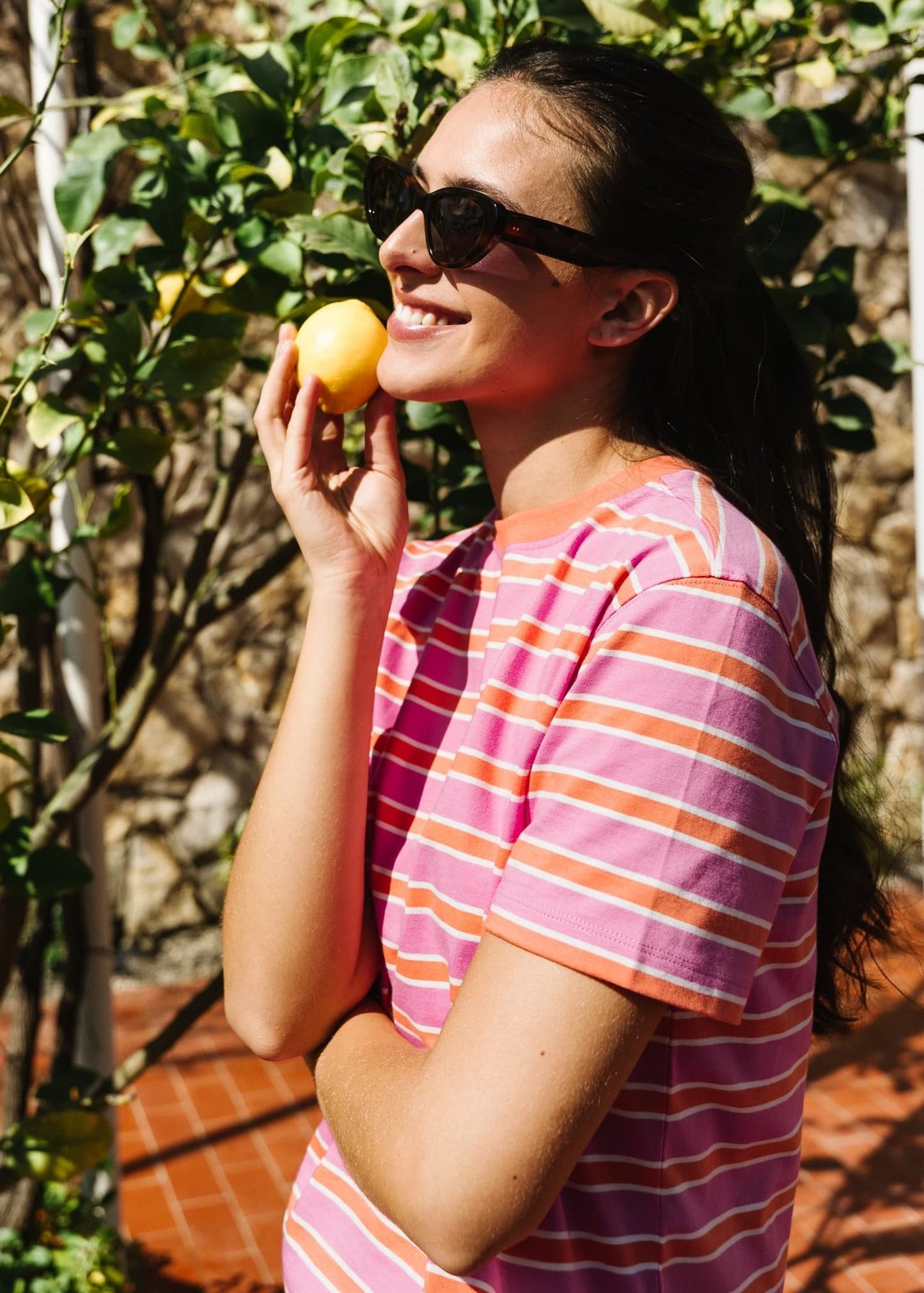 T-shirt boxy en coton bio | rayé rose | Rose