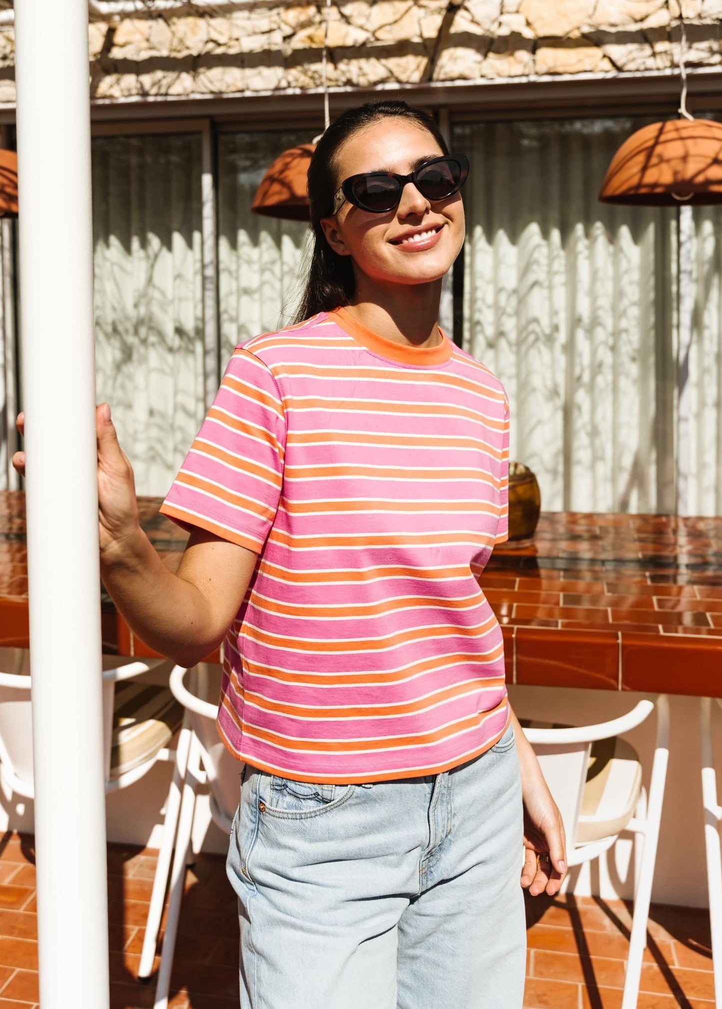 T-shirt boxy en coton bio | rayé rose | Rose