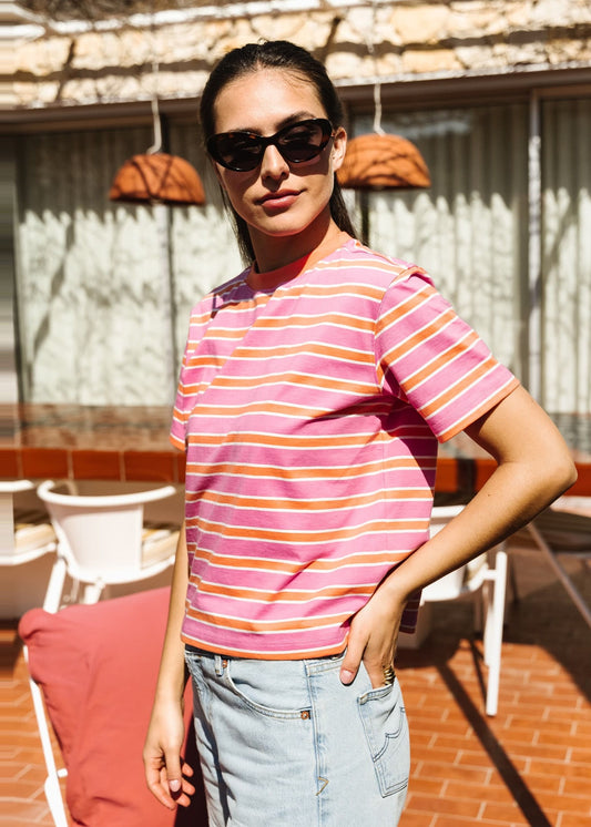 T-shirt boxy en coton bio | rayé rose | Rose
