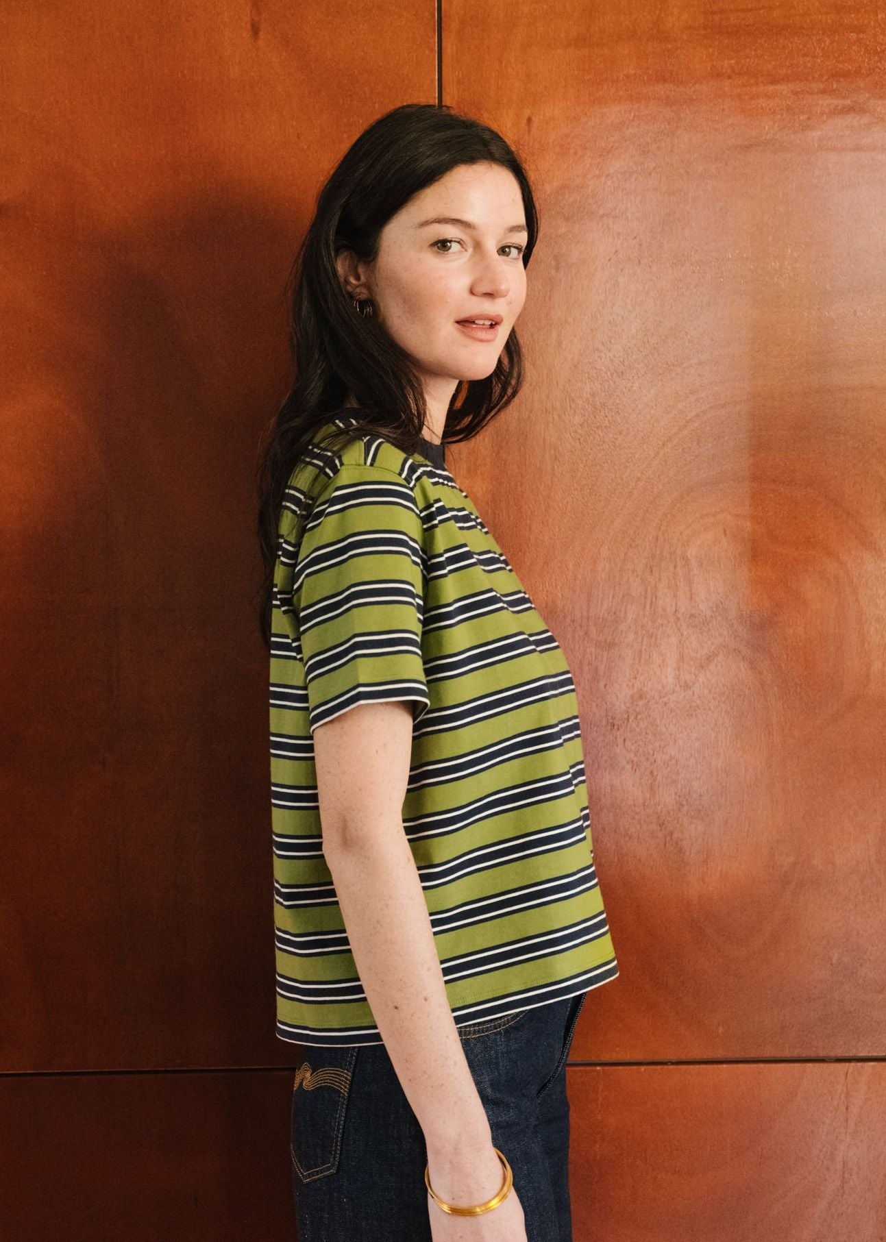 T-shirt boxy en coton bio | rayé vert | Vert
