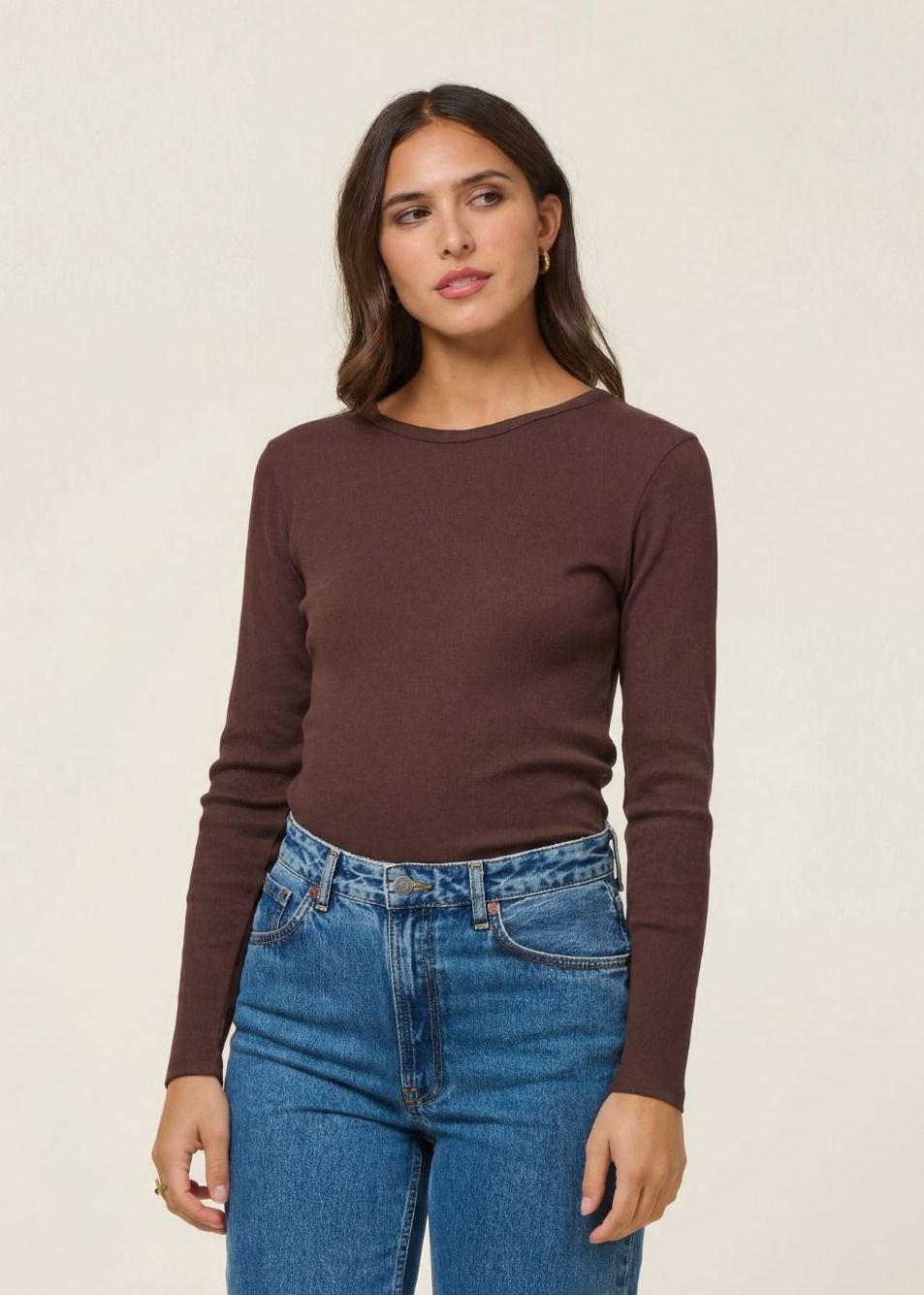 T-shirt manches longues côtelé en coton bio | chocolat | Chocolat
