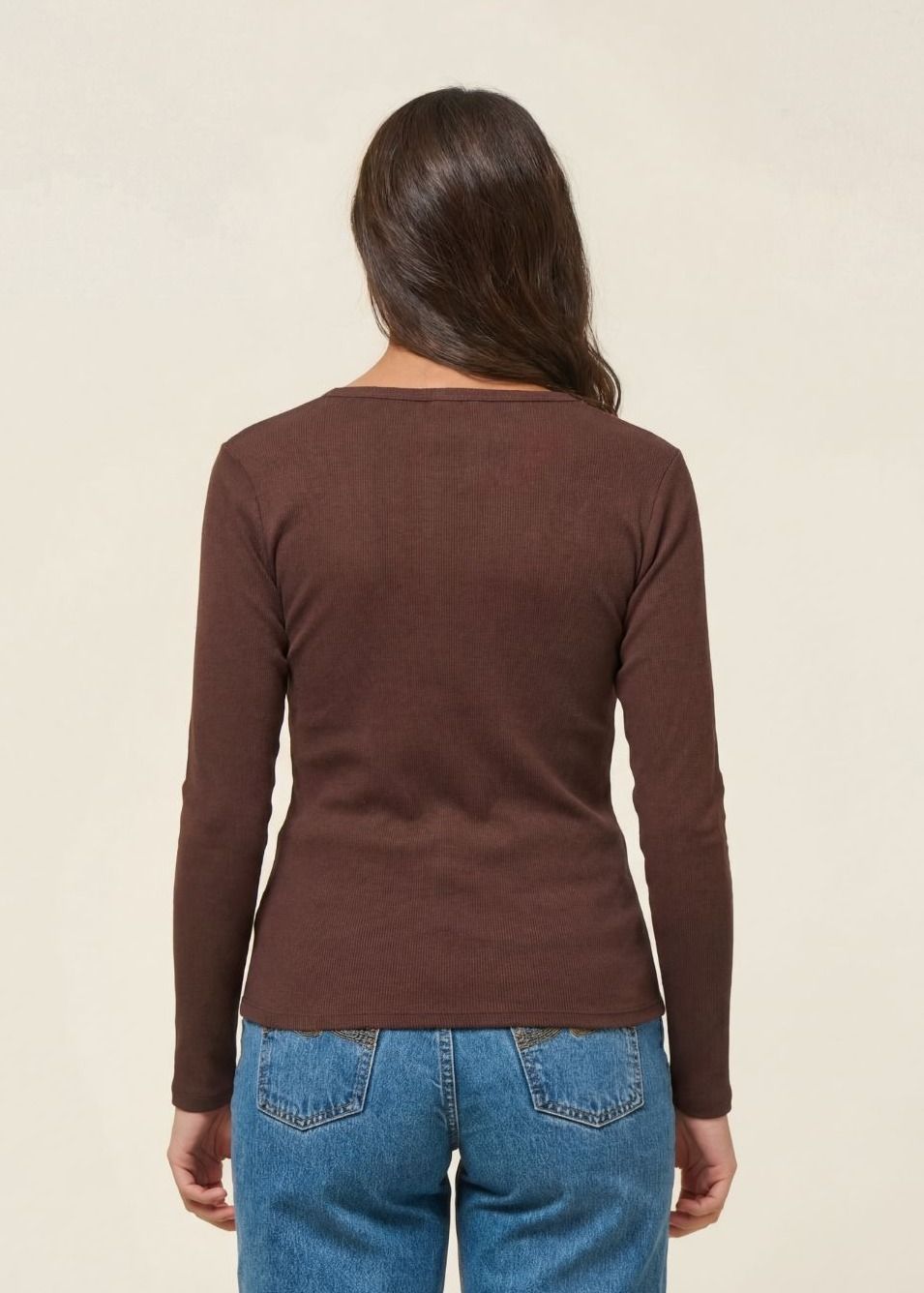 T-shirt manches longues côtelé en coton bio | chocolat | Chocolat
