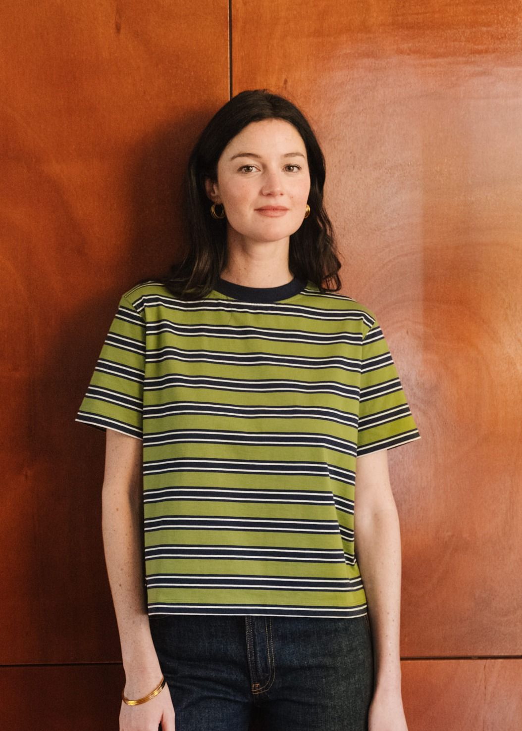 T-shirt boxy en coton bio | rayé vert | Vert