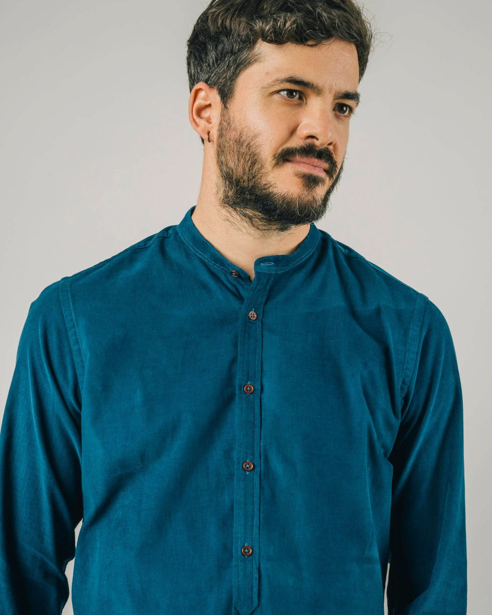 Chemise mao bleue en velours de coton bio - baby cord japan mao shirt petrol blue