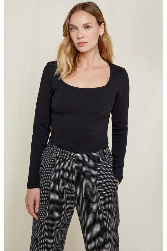 T-shirt manches longues côtelé noir en coton bio - betsy