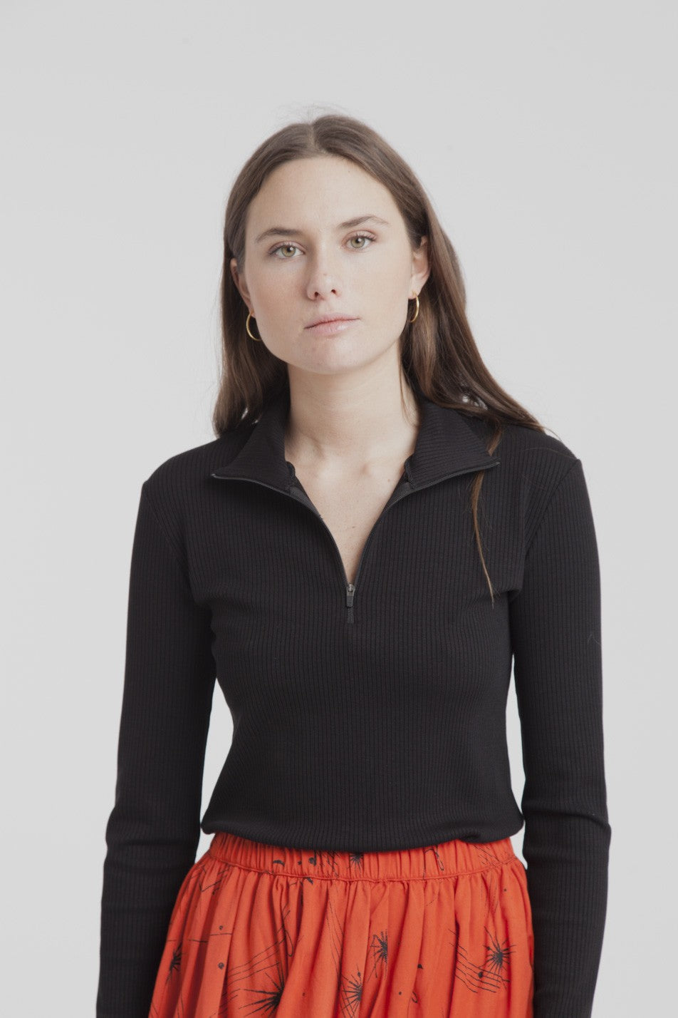 T-shirt col haut zippé noir en tencel mélangé - Racer